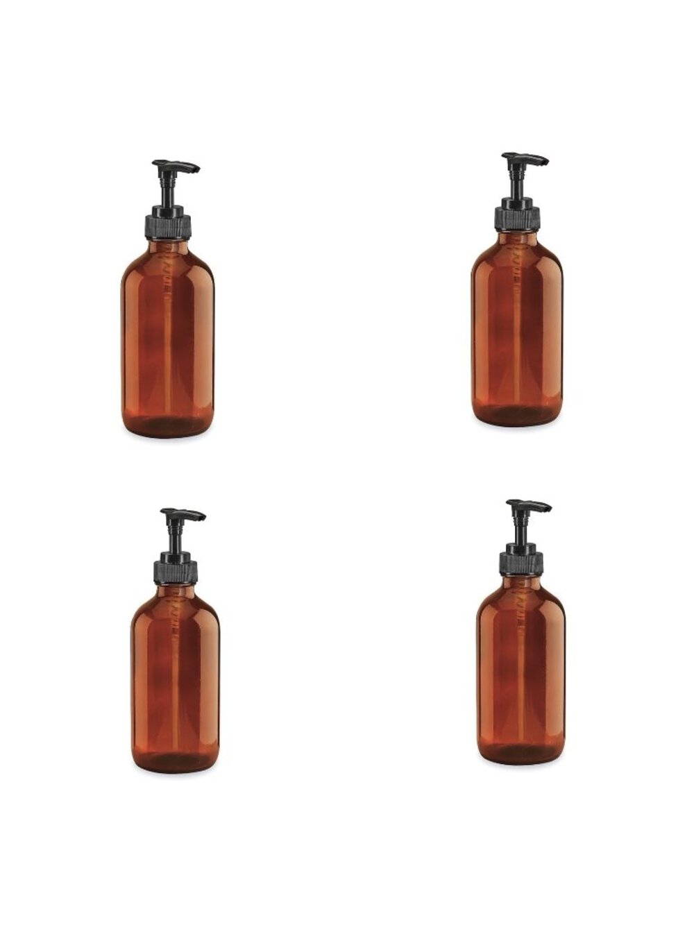 Lot of 4 - Large, 8 Oz, Empty, Amber Glass Bottles with Black Lotion Pumps